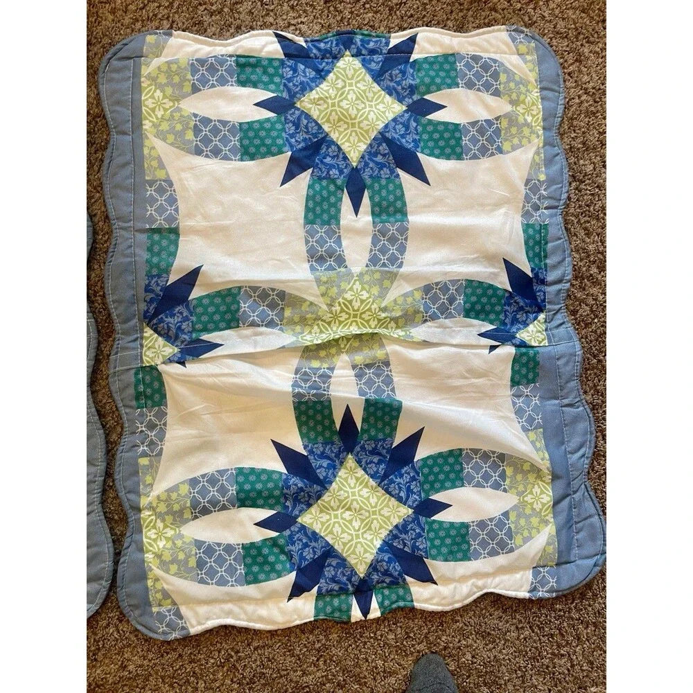 Quilted Double Wedding Ring Pillow Shams Blue Green Set of 2